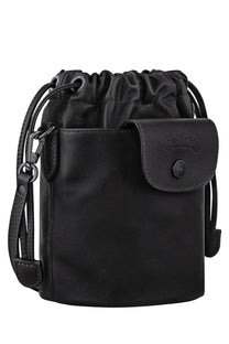 Longchamp women’s borsa secchiello black leather bucket bag with drawstring top and front flap closure debossed logo
