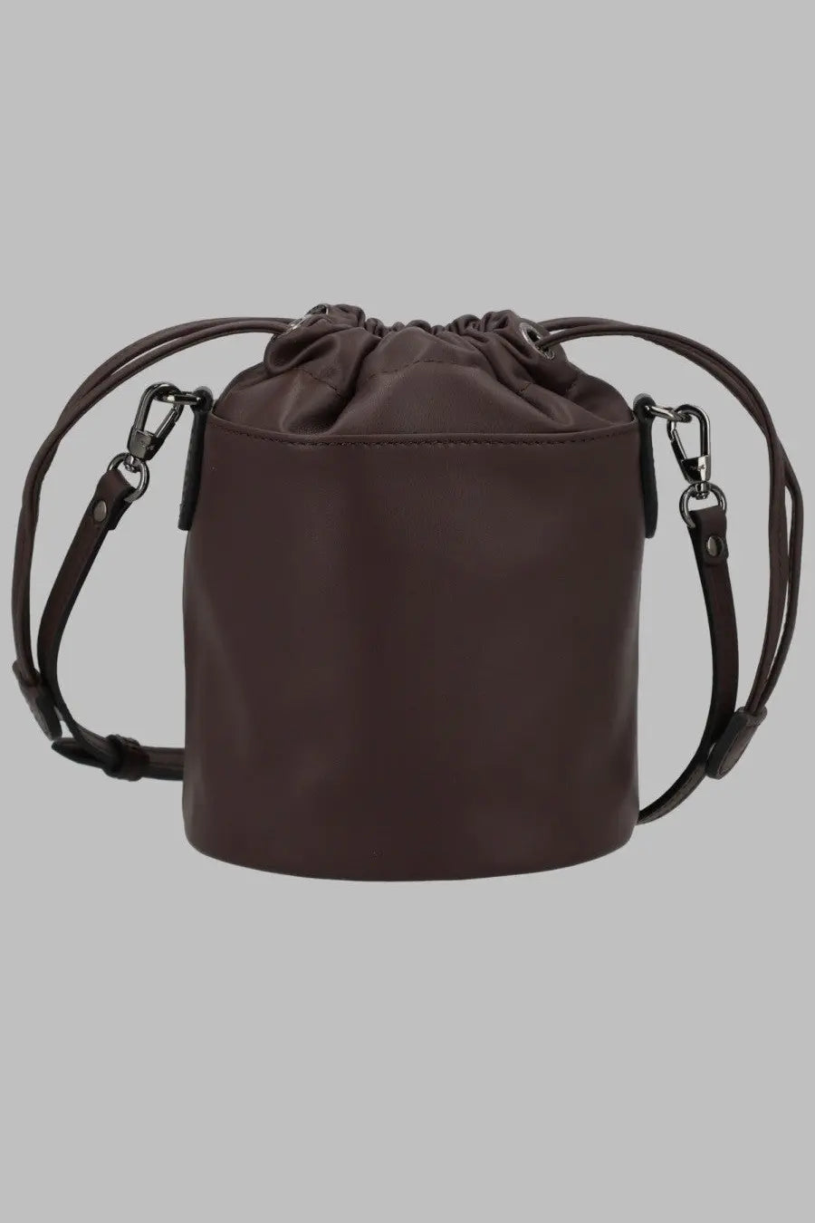 Longchamp womens brown leather borsa secchiello bucket bag with drawstring top and adjustable shoulder straps