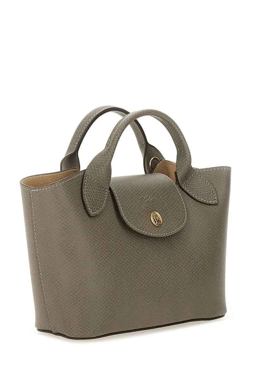 Longchamp women’s borsa shopping épure beige gray textured leather handbag with gold-tone logo clasp and handles