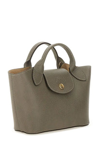 Longchamp women’s borsa shopping épure beige gray textured leather handbag with gold-tone logo clasp and handles