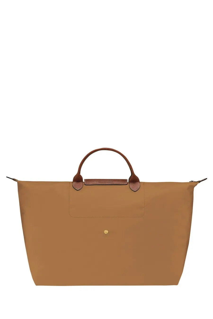 Longchamp women’s borsone da viaggio beige tote bag in tan with brown leather handles and gold-tone logo