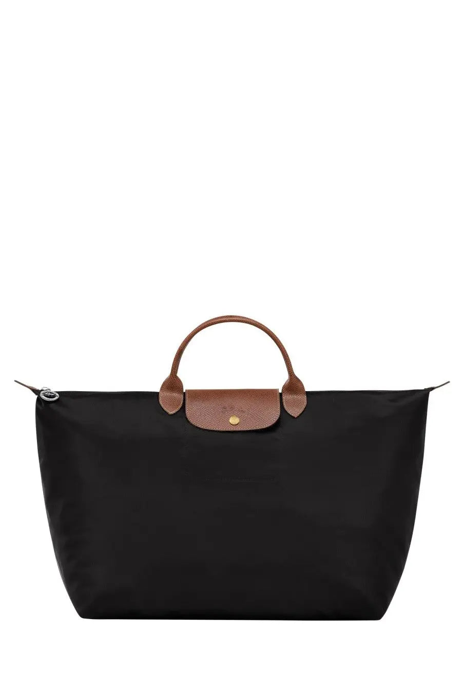 Longchamp womens Borsone DA Viaggio black tote bag with brown leather handles and gold-tone metal clasp