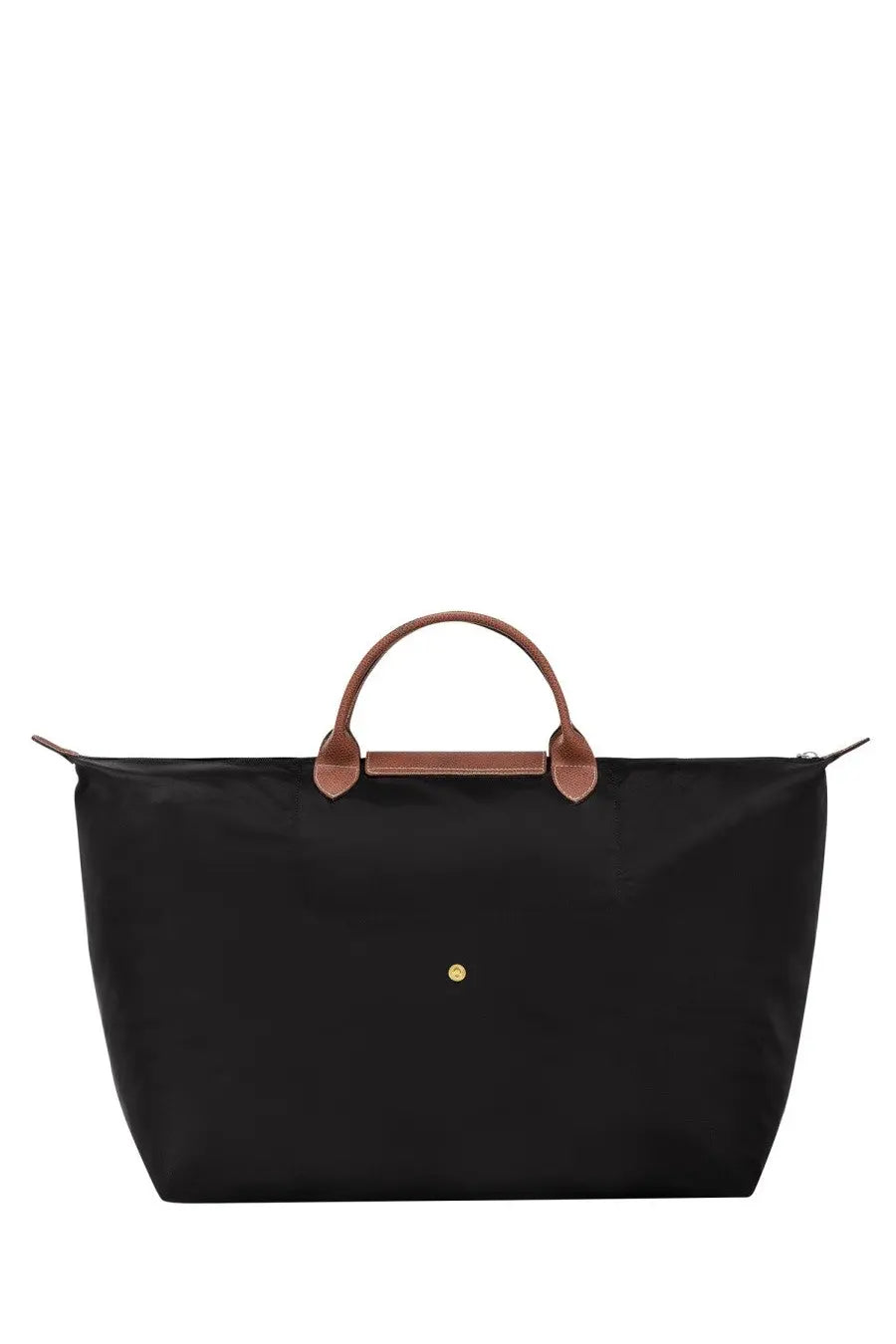 Longchamp women’s borsone da viaggio black tote bag with brown leather handles and gold-tone logo