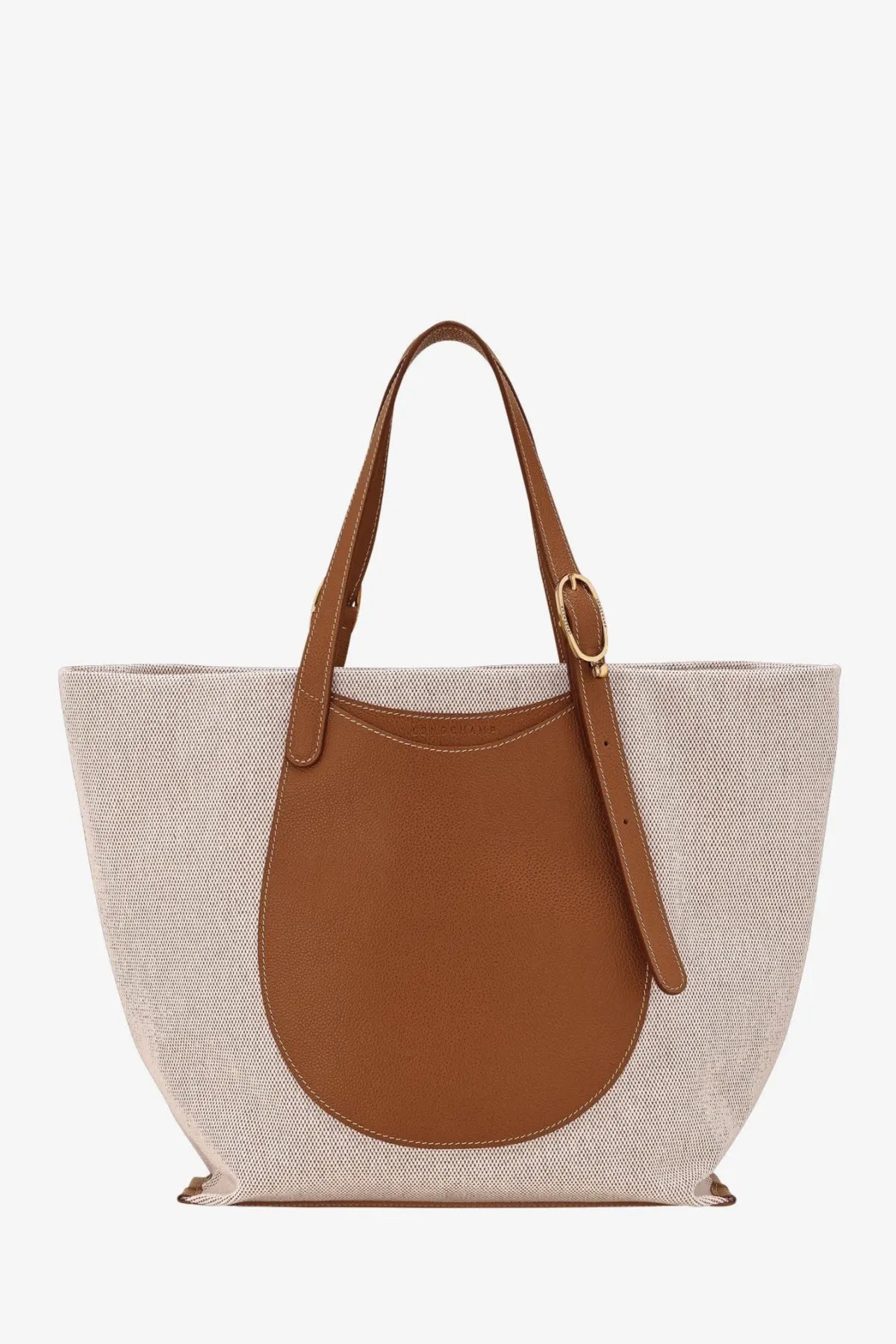 Beige longchamp women’s canvas le foulonné toile shoulder bag with tan leather front panel and matching handles