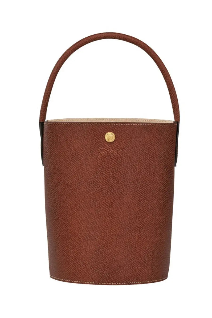 Longchamp women’s cuir de russie brown leather bucket bag with gold-tone circular logo and matching handle