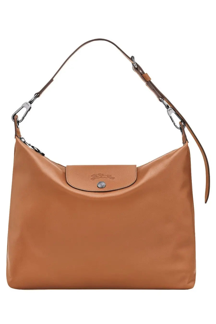 Longchamp women’s brown tan le pliage hobo bag with sleek minimalist design and signature flap closure