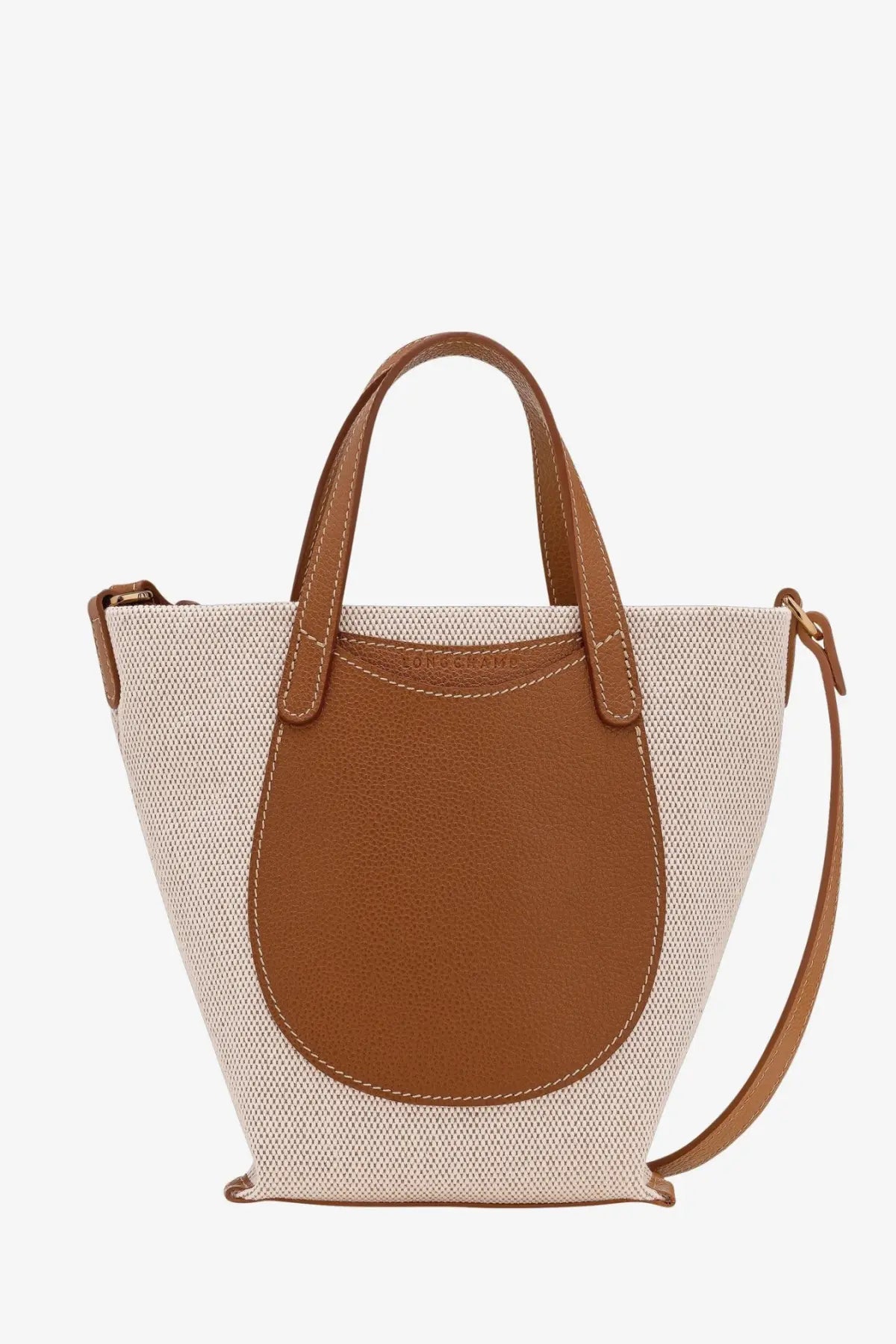 Longchamp women’s le foulonné beige canvas crossbody bag with tan leather handles and front panel minimalist design