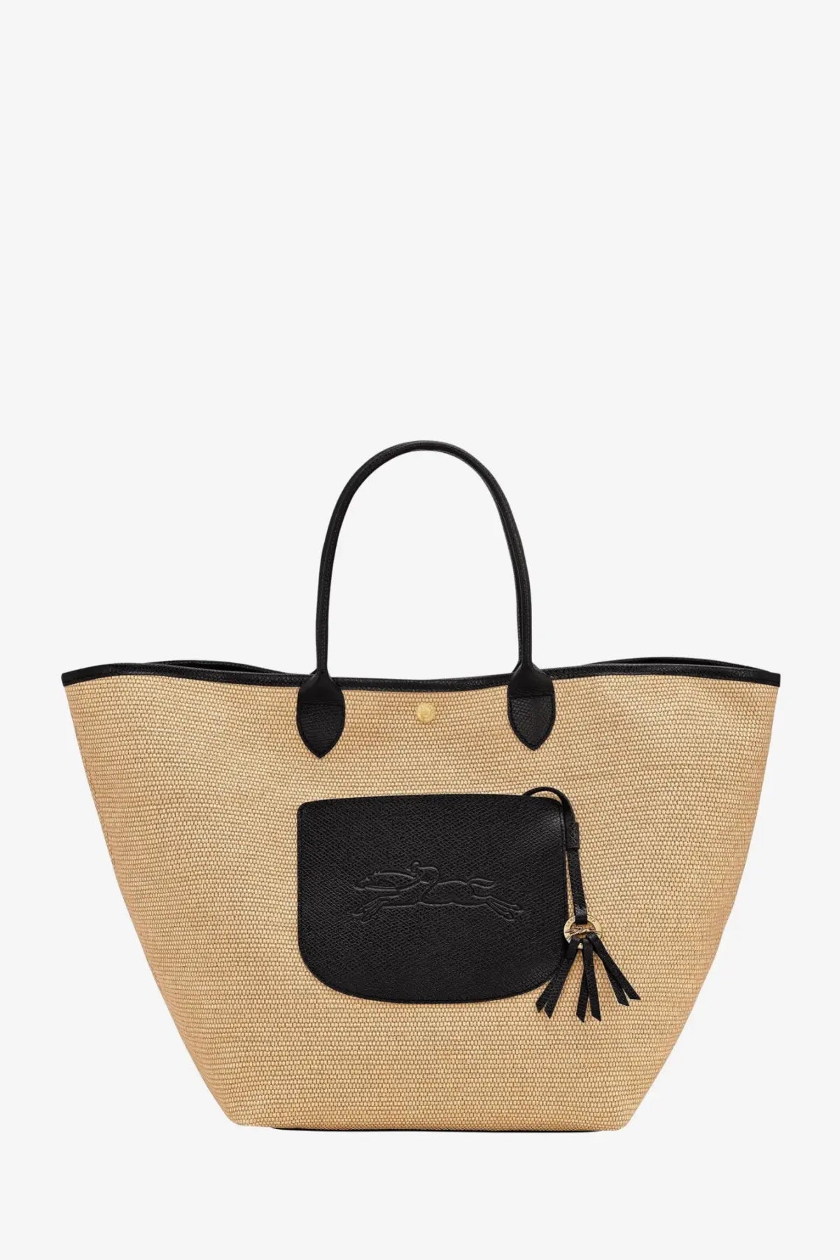 Beige woven straw longchamp le panier pliage raffia tote bag with black leather handles and front logo pocket