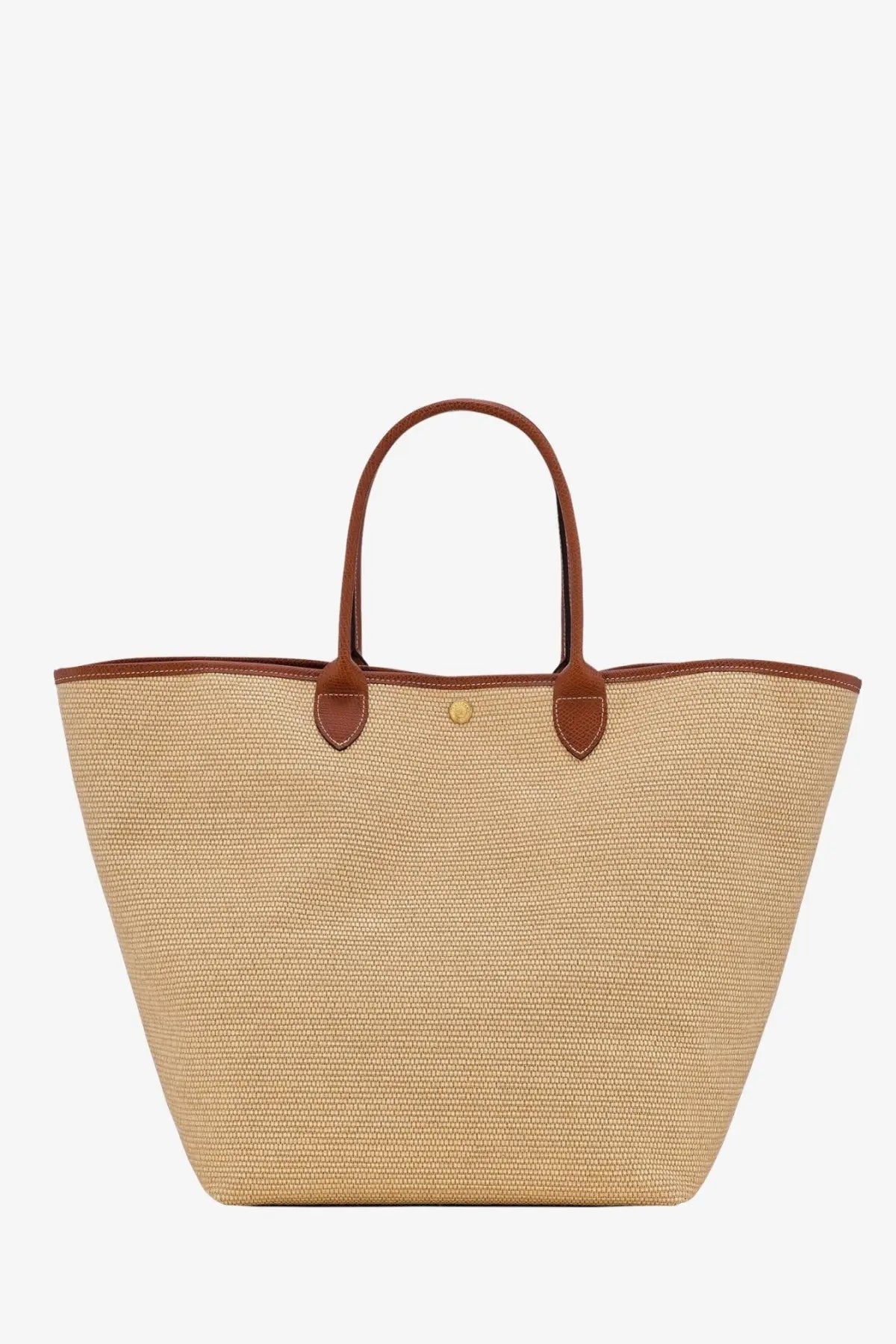 Beige woven straw tote bag with brown leather handles and trim longchamp women’s le panier pliage raffia and leather shoulder bag brown