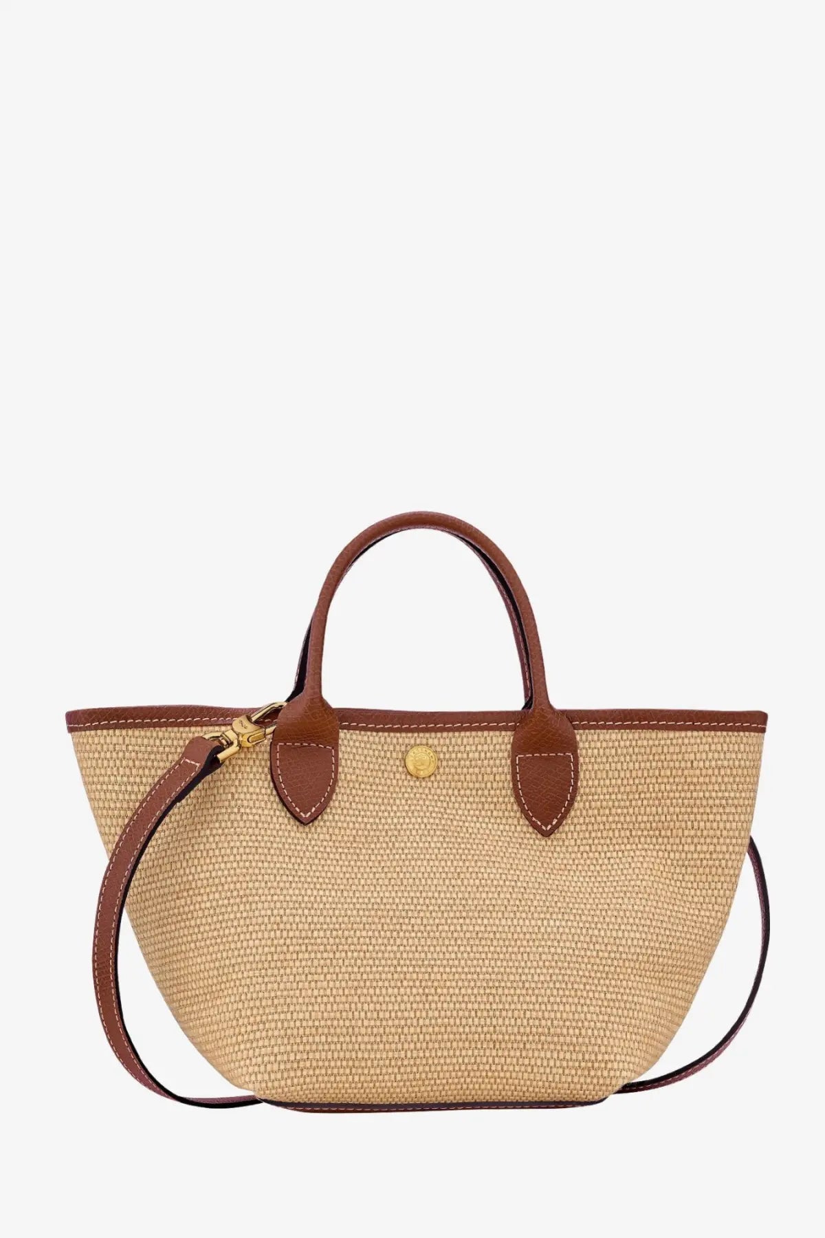 Beige woven straw tote bag with brown leather handles and trim longchamp le panier pliage xs raffia crossbody bag brown