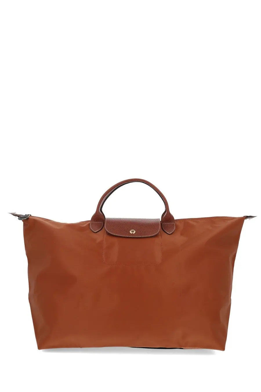 Longchamp women’s le pliage original brown tote bag with brown leather trim foldable design and metallic logo