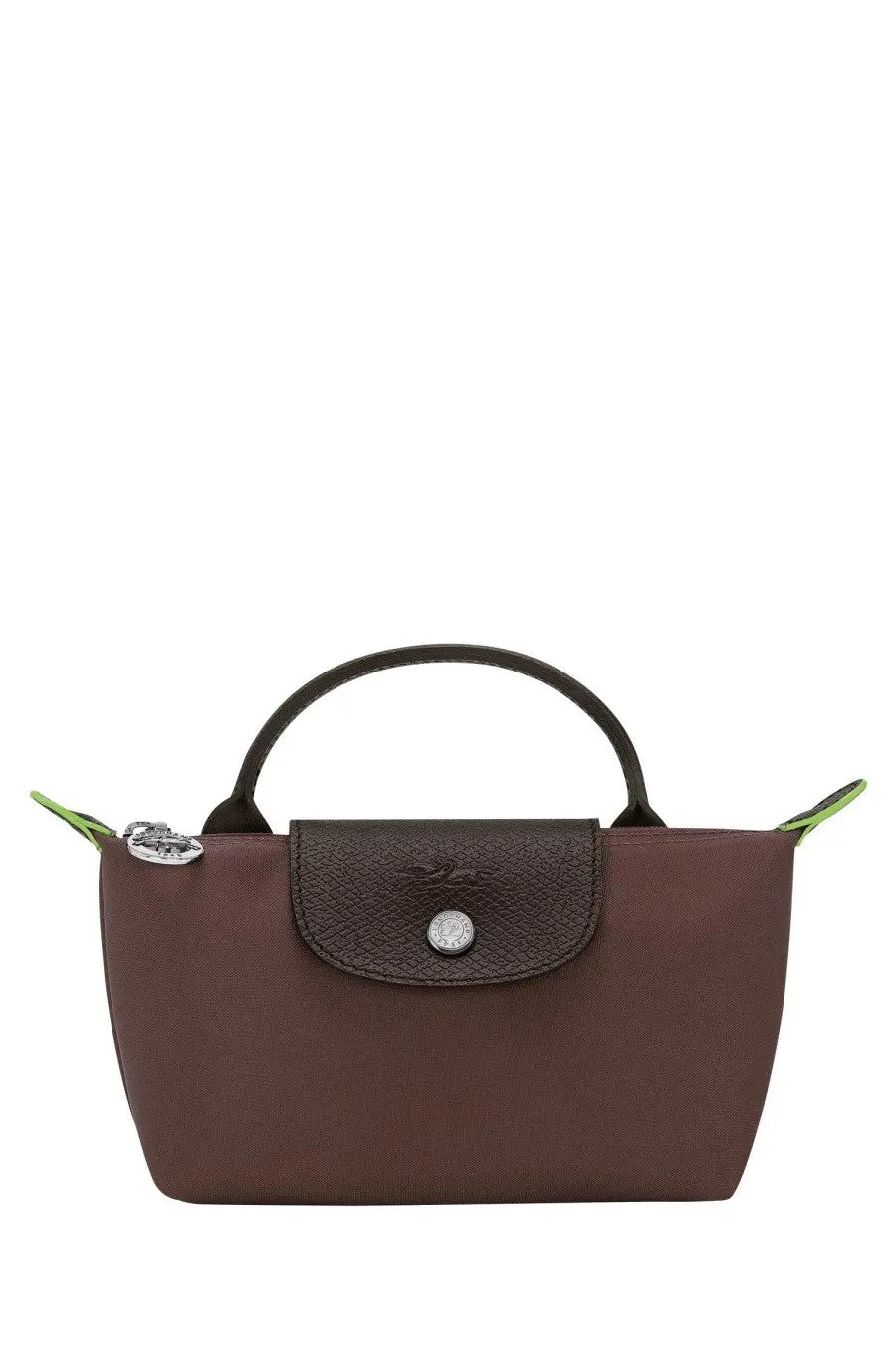 Brown longchamp le pliage original clutch bag with textured leather flap and silver-tone metal clasp and handle accents