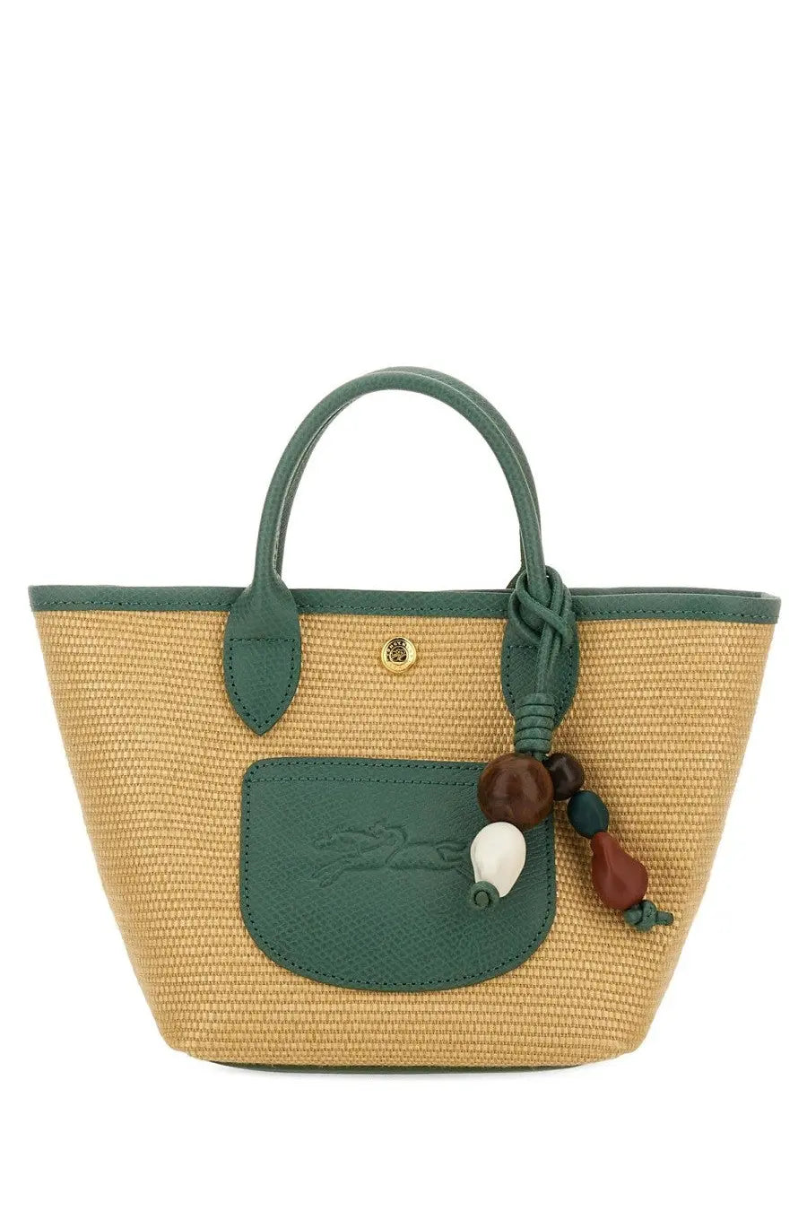 Longchamp women’s le pliage xs basket bag grey woven straw with green leather handles and front logo pocket
