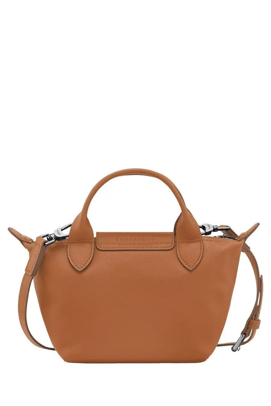 Tan leather longchamp le pliage mini handbag with top handle and detachable shoulder strap brown for women