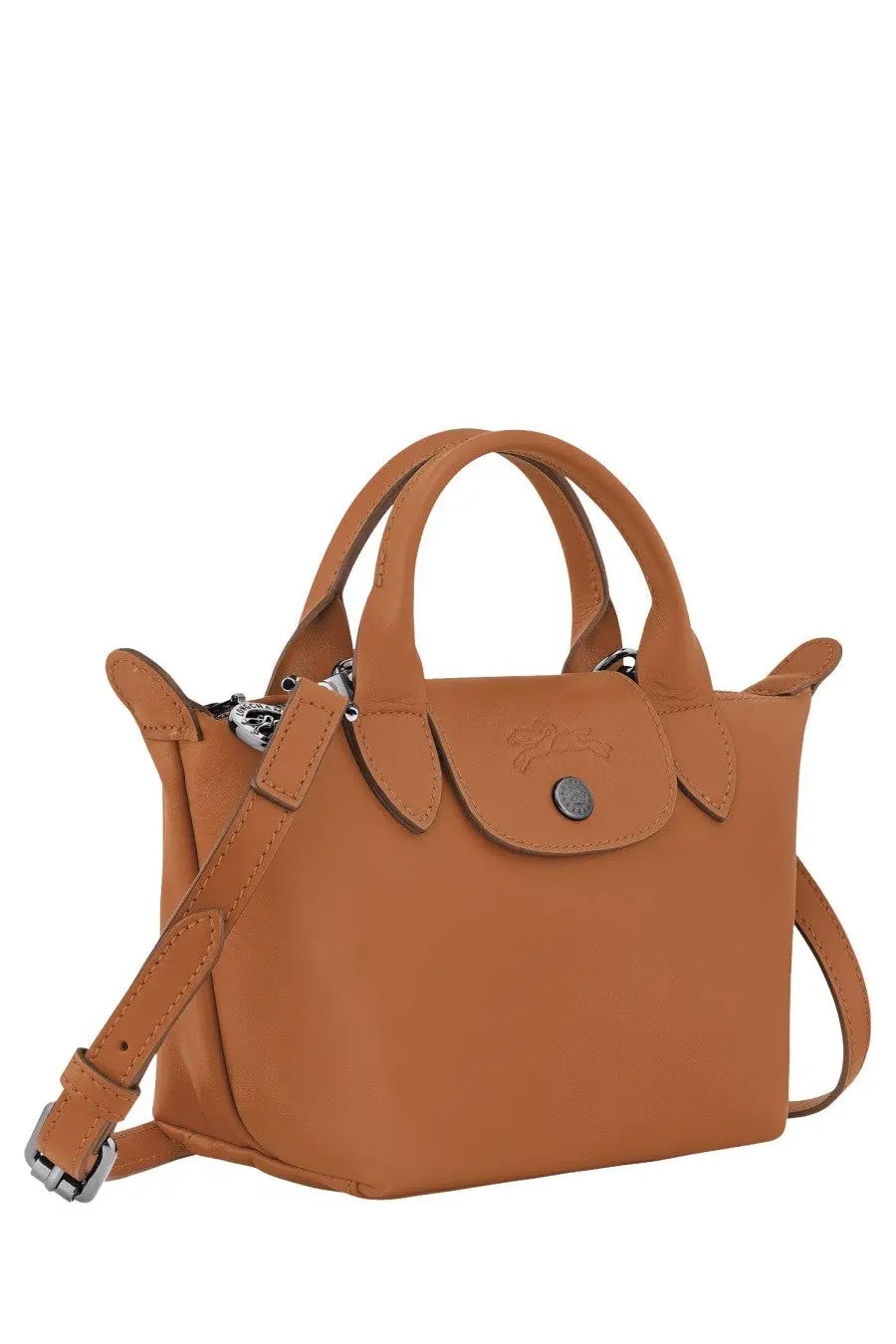 Tan leather longchamp le pliage mini handbag with top handles and detachable shoulder strap brown color