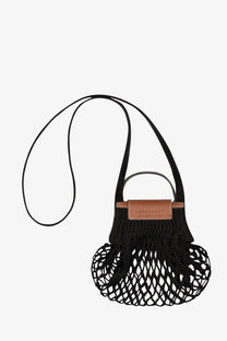 Longchamp women’s le pliage filet cotton crossbody bag in black with black knitted mesh and tan leather flap and handle