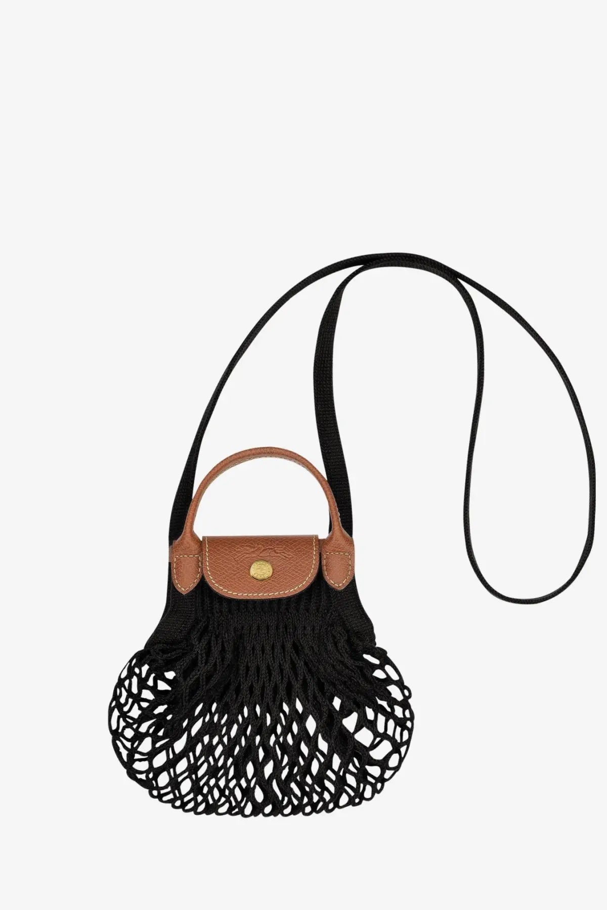 Longchamp womens le pliage filet cotton crossbody bag in black with tan leather handle and gold tone circular clasp
