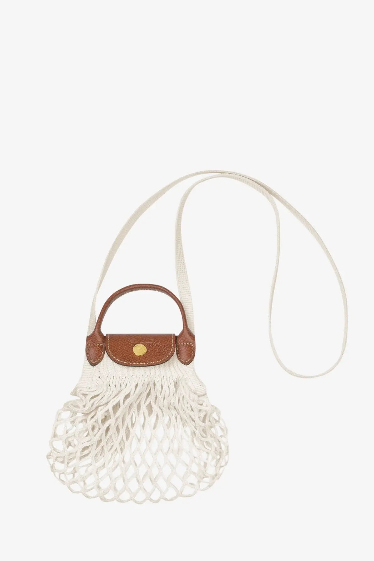 Longchamp women’s le pliage filet cotton crossbody bag white with white mesh, brown leather handle, flap, and gold button closure