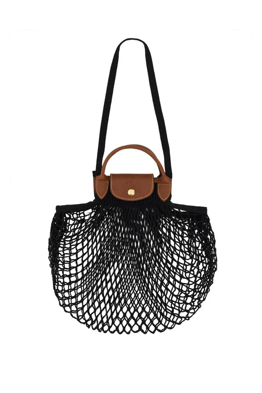 Longchamp women’s le pliage filet large bag black black mesh tote with brown leather handle and gold-tone button flap closure