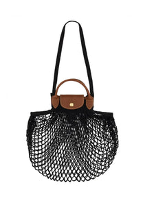 Longchamp women’s le pliage filet large bag black black mesh tote with brown leather handle and gold-tone button flap closure