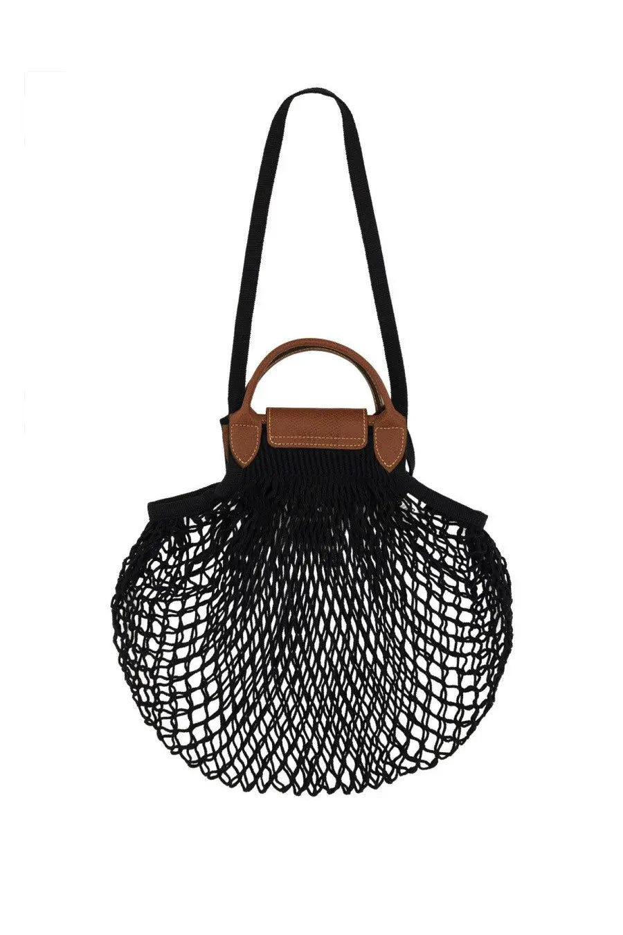 Longchamp women’s le pliage filet large bag black black mesh tote with brown leather handle and strap classic design