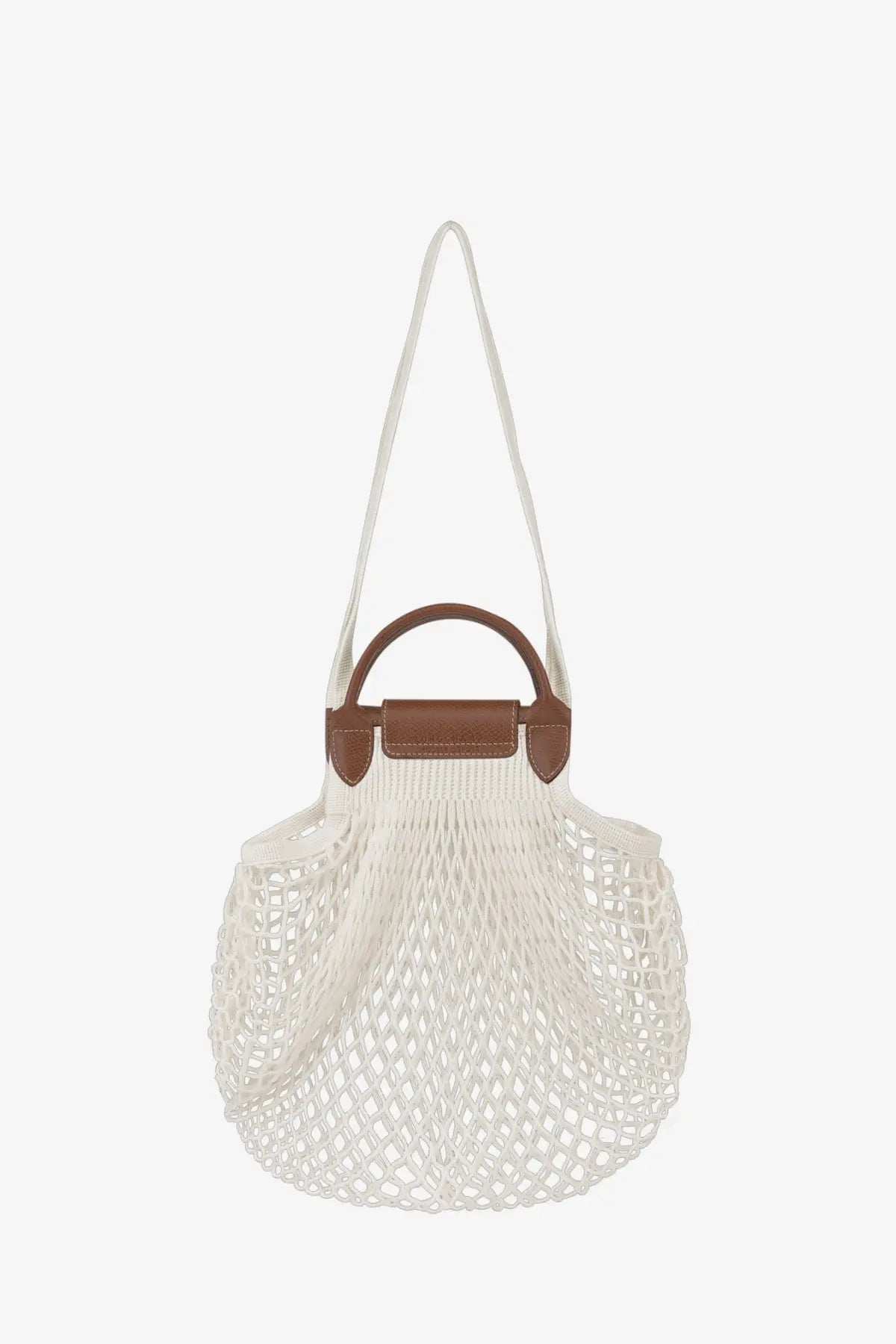 Longchamp women’s le pliage filet mesh and leather shoulder bag in white with brown leather handle and strap
