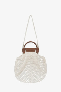 Longchamp women’s le pliage filet mesh and leather shoulder bag in white with brown leather handle and strap
