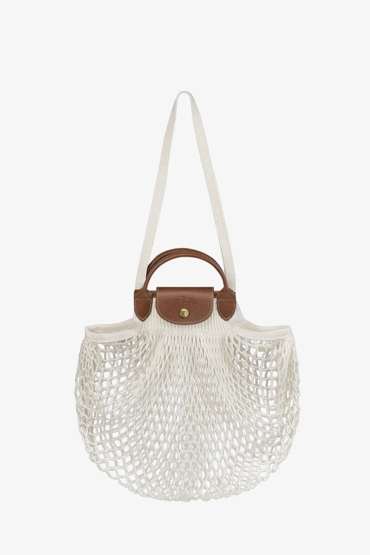 Longchamp women’s le pliage filet mesh and leather shoulder bag white with brown leather handle and gold-tone button closure