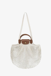Longchamp women’s le pliage filet mesh and leather shoulder bag white with brown leather handle and gold-tone button closure