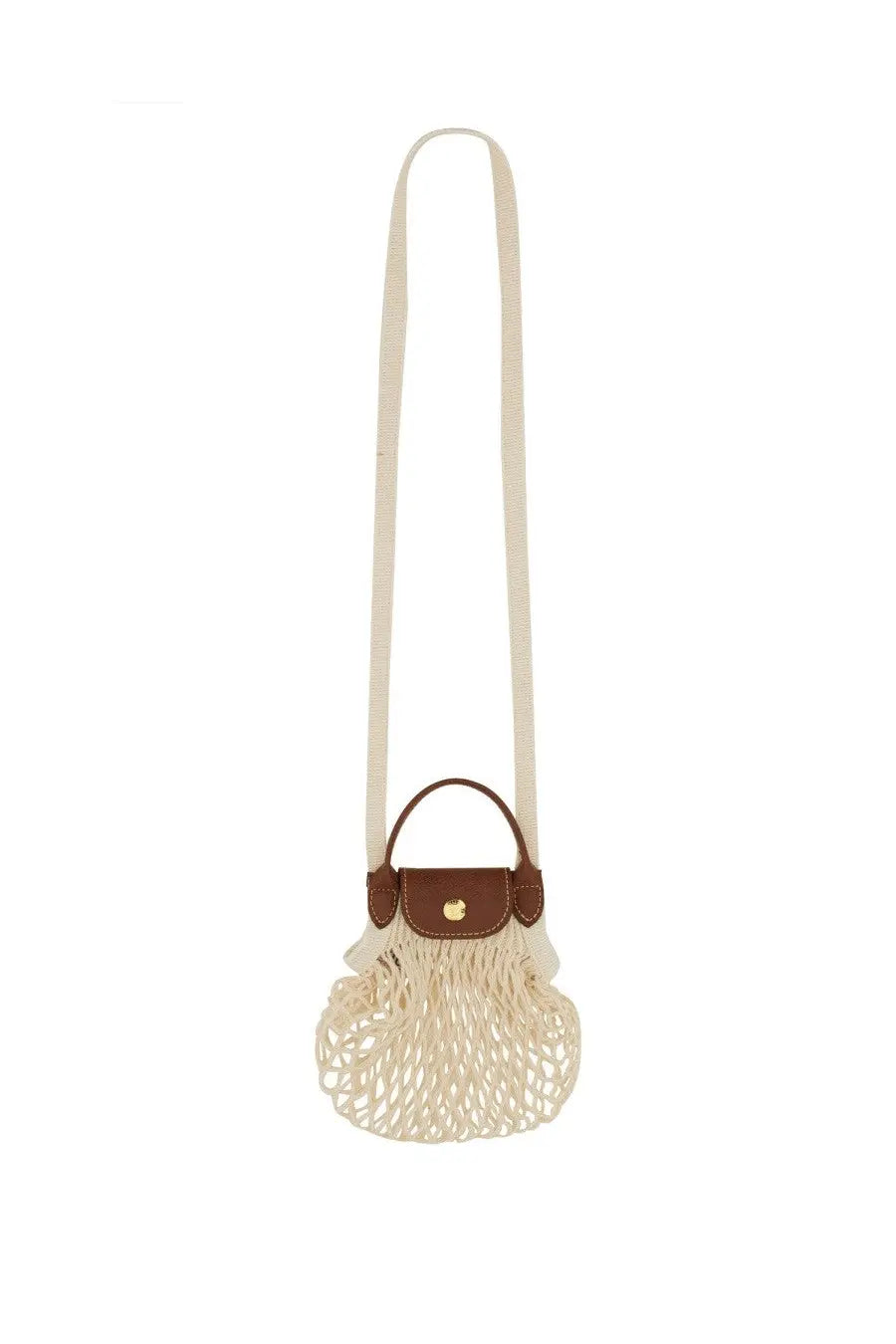 Longchamp womens le pliage filet mini bag beige mesh with brown leather handle and gold tone clasp