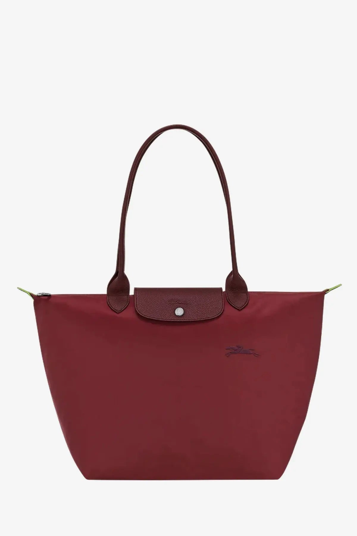 Longchamp women’s le pliage tote bag in burgundy nylon with matching leather handles and silver-tone button closure