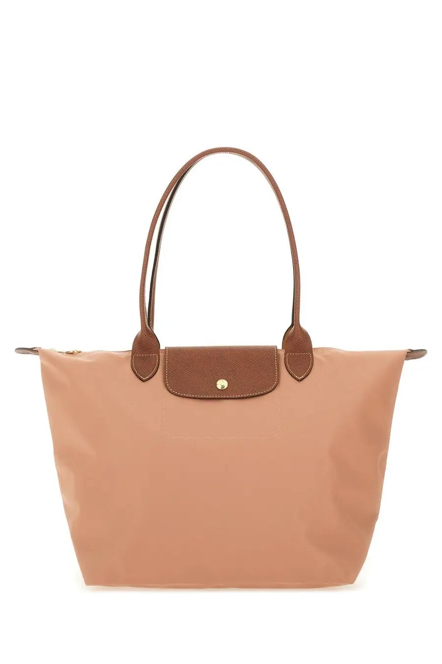 Beige longchamp le pliage tote bag with brown leather handles and flap closure shown with blue large bag title