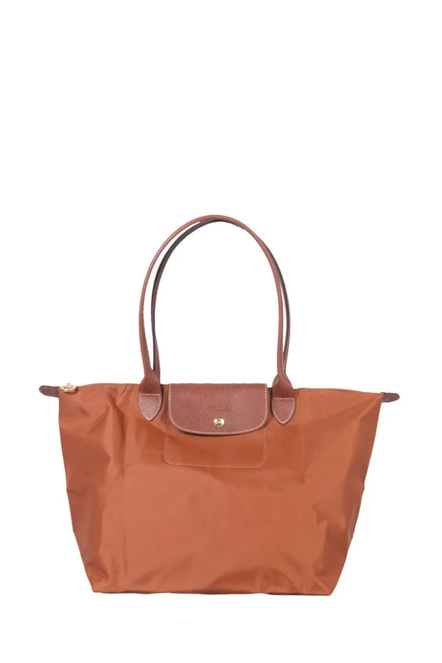 Tan longchamp le pliage large tote bag with brown leather handles and matching flap closure for women
