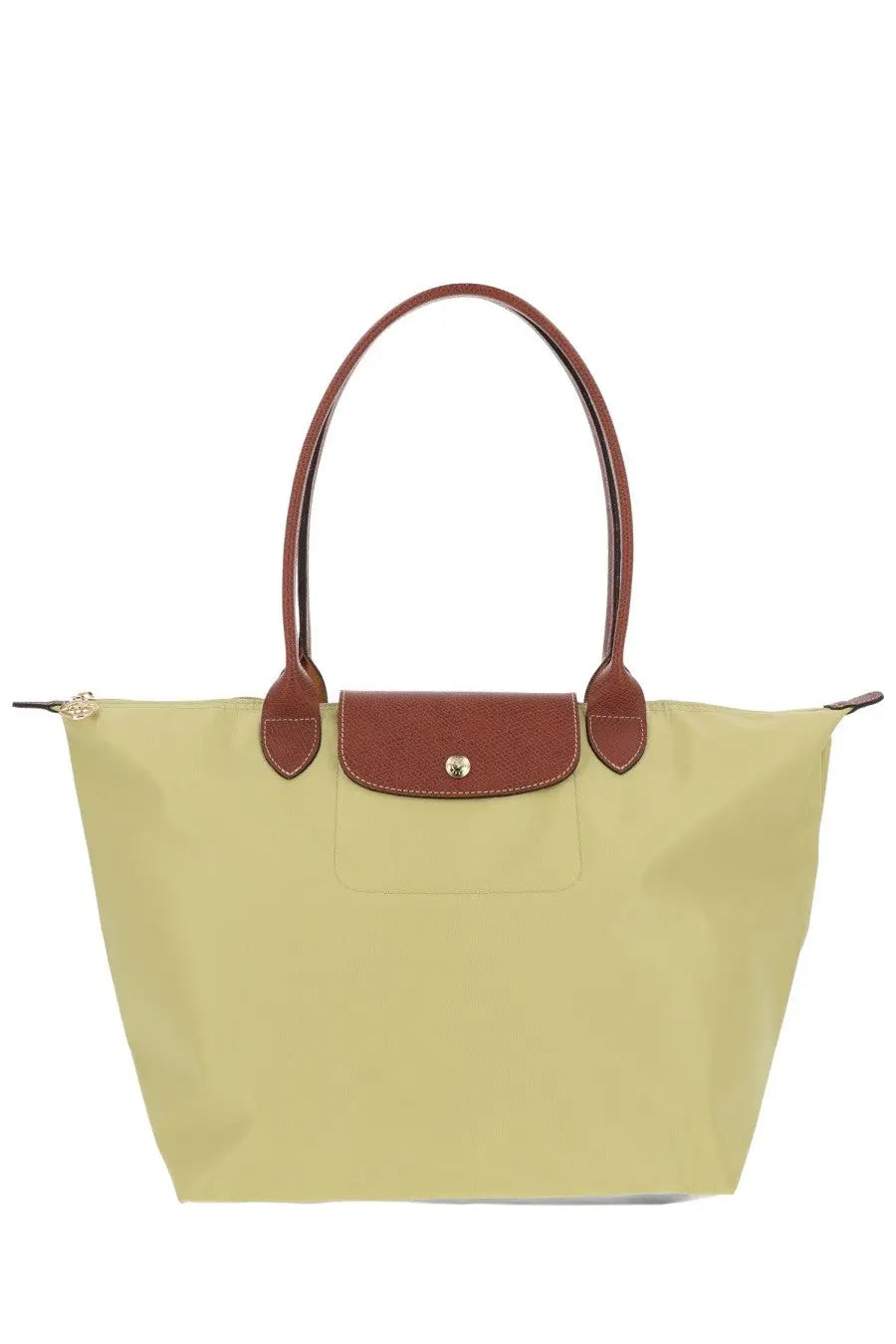 Light green longchamp le pliage large tote bag with brown leather handles and matching flap closure for women