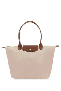 Longchamp Le Pliage large tote bag in beige with brown leather handles