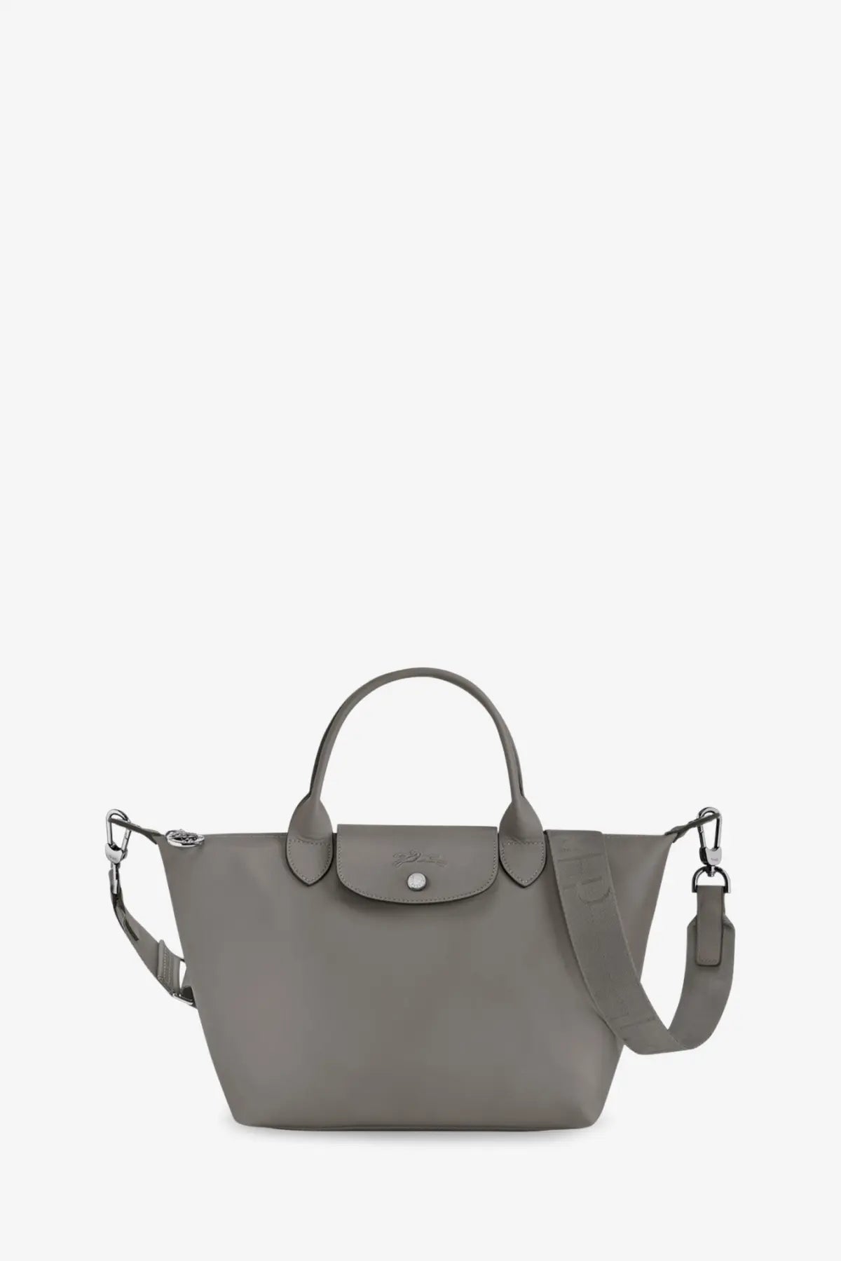 Gray longchamp le pliage leather shoulder bag with sleek structured design and matching shoulder strap