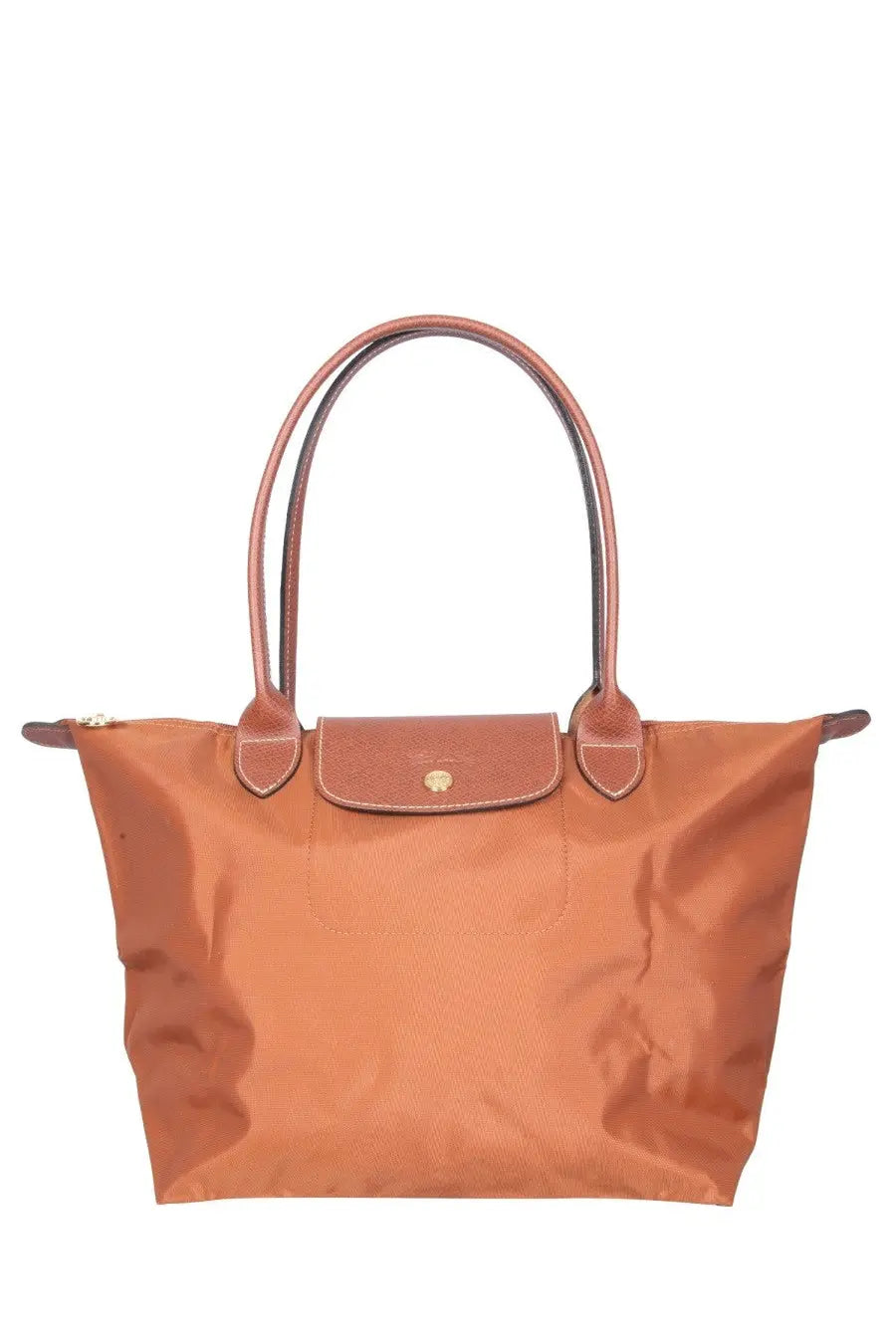 Tan longchamp le pliage medium tote bag in brown with leather handles and gold tone logo plaque