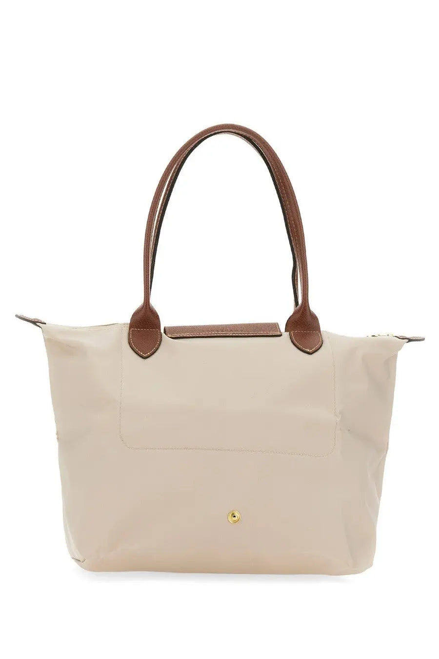 Beige longchamp le pliage tote bag with brown leather handles and trim for women medium pink edition
