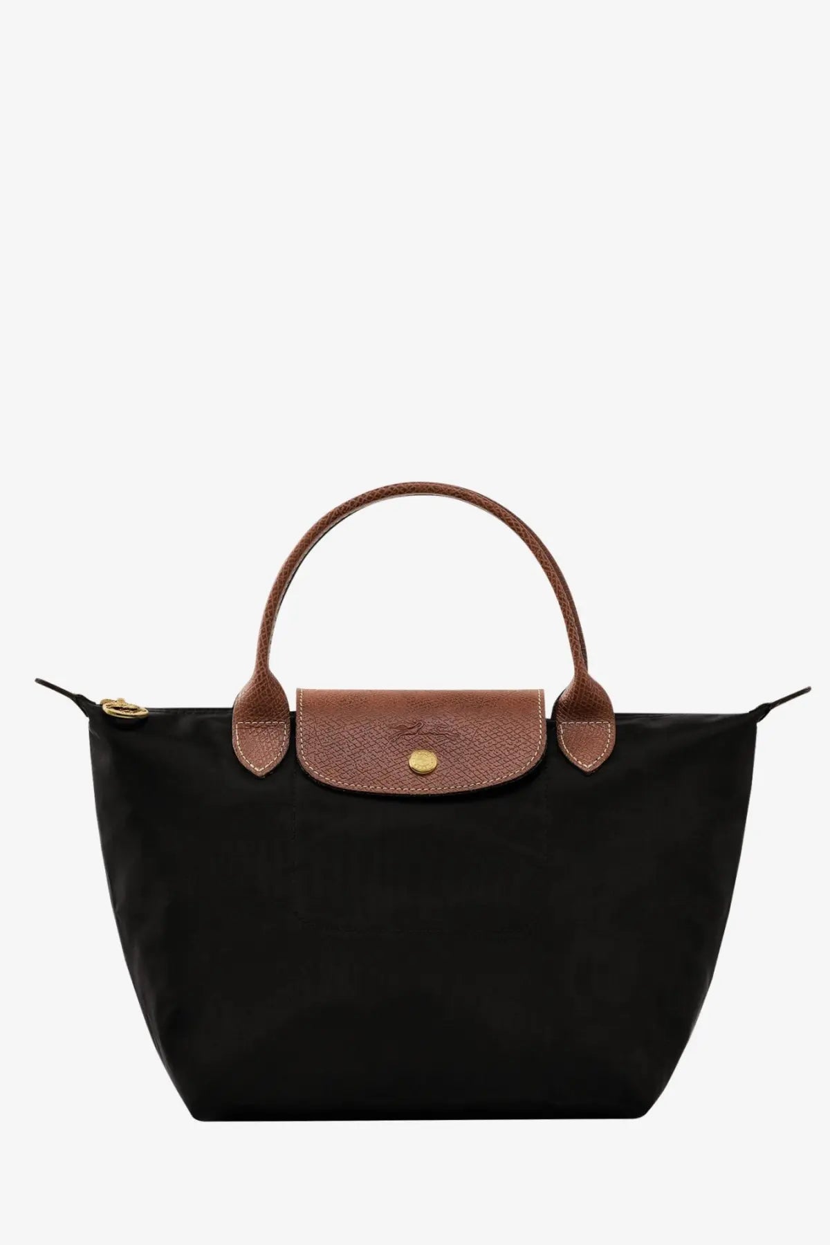 Longchamp women’s le pliage nylon tote bag in black with brown leather handles and gold-tone hardware