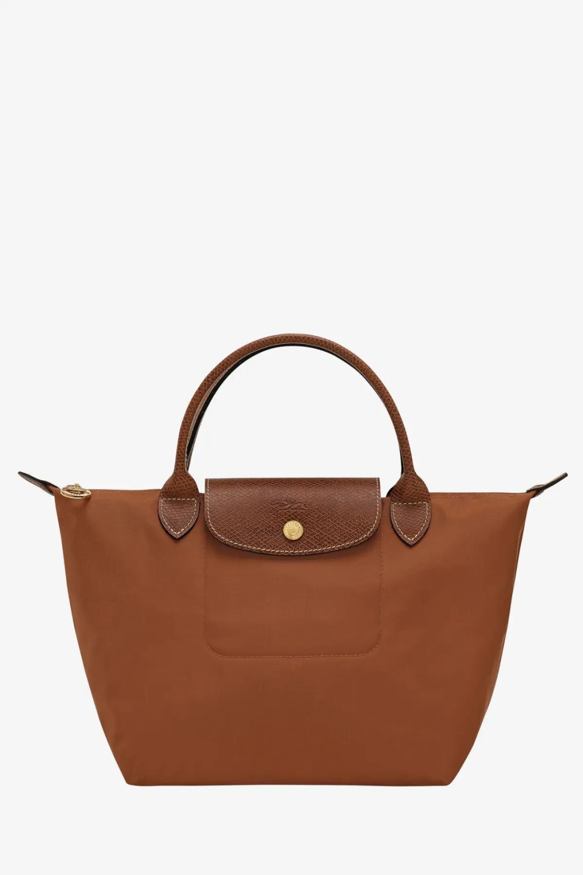 Longchamp women’s le pliage nylon handbag brown with brown leather trim and gold-tone button closure