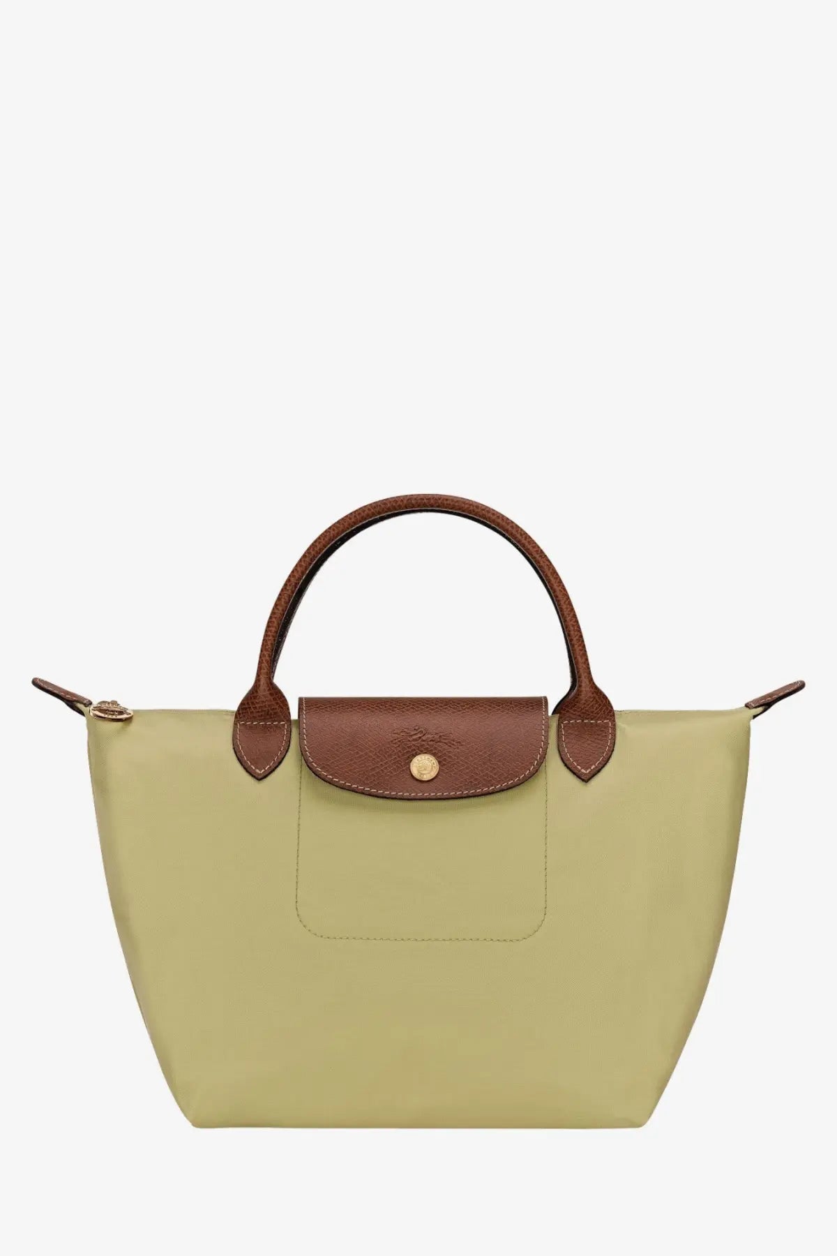 Longchamp women’s le pliage nylon handbag in sage green with brown leather handles and signature flap closure