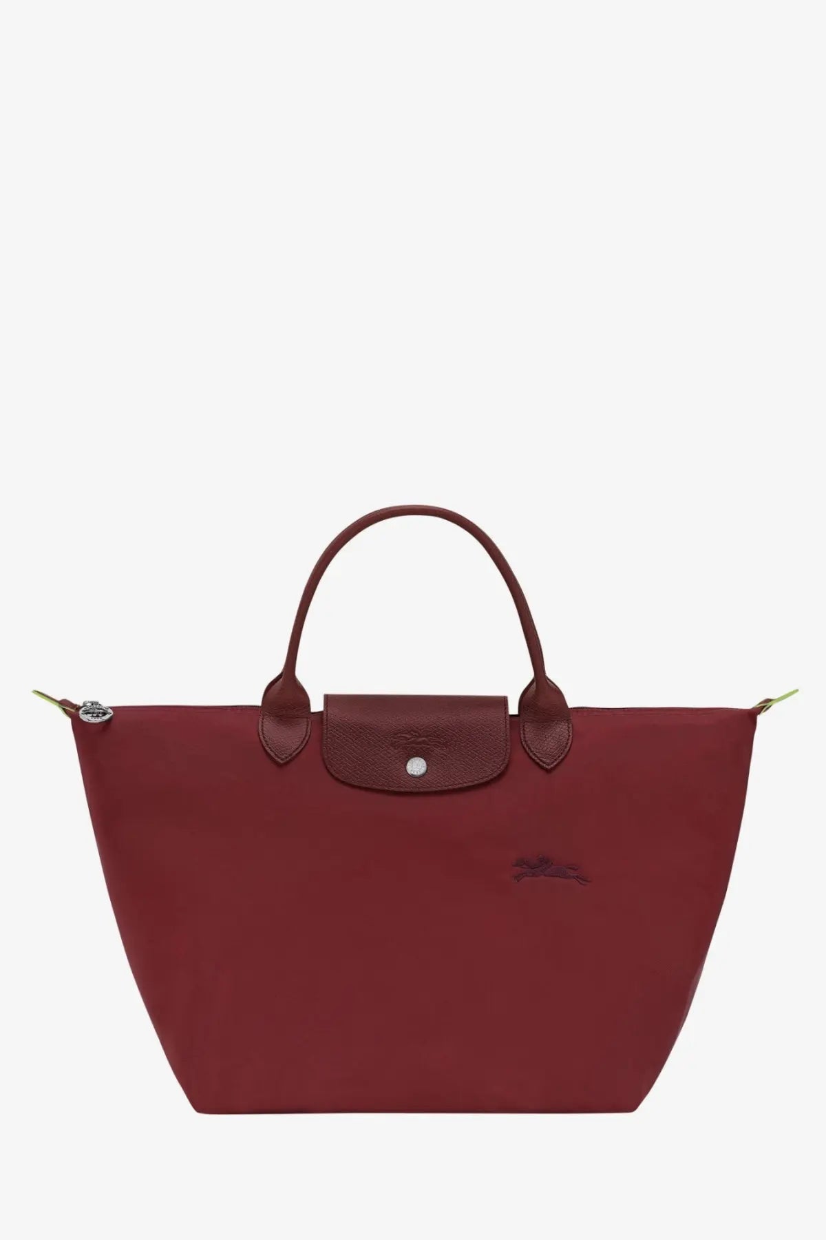Longchamp women’s le pliage nylon handbag grenade burgundy long tote with structured shape leather handles and silver logo
