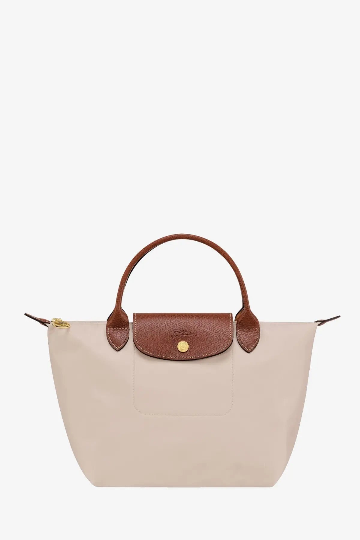 Beige and brown leather Longchamp le pliage foldable handbag for women with nylon white detailing