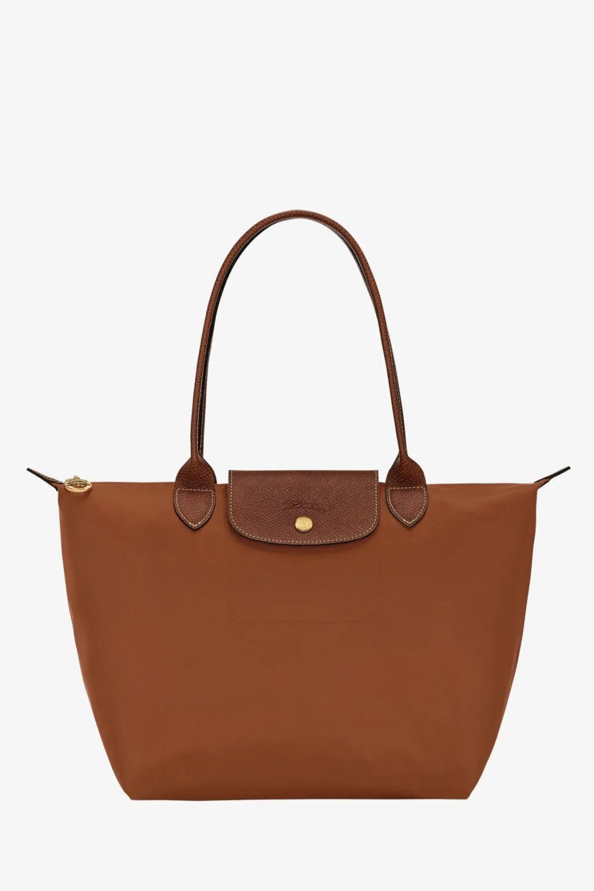 Longchamp women’s le pliage nylon shoulder bag brown with brown leather trim flap closure and gold-tone hardware