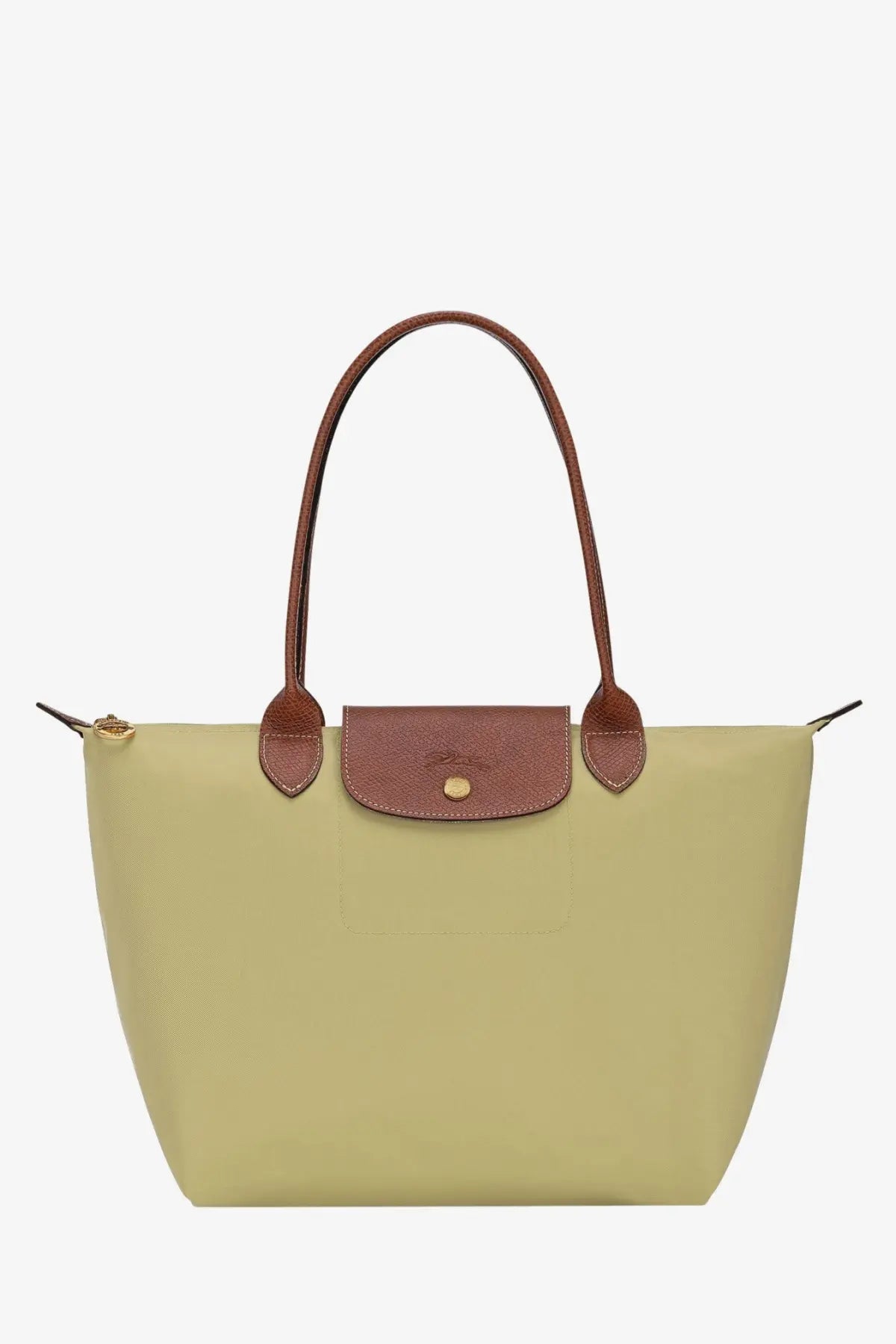 A sage green longchamp le pliage nylon tote bag with brown leather handles and matching flap closure for women
