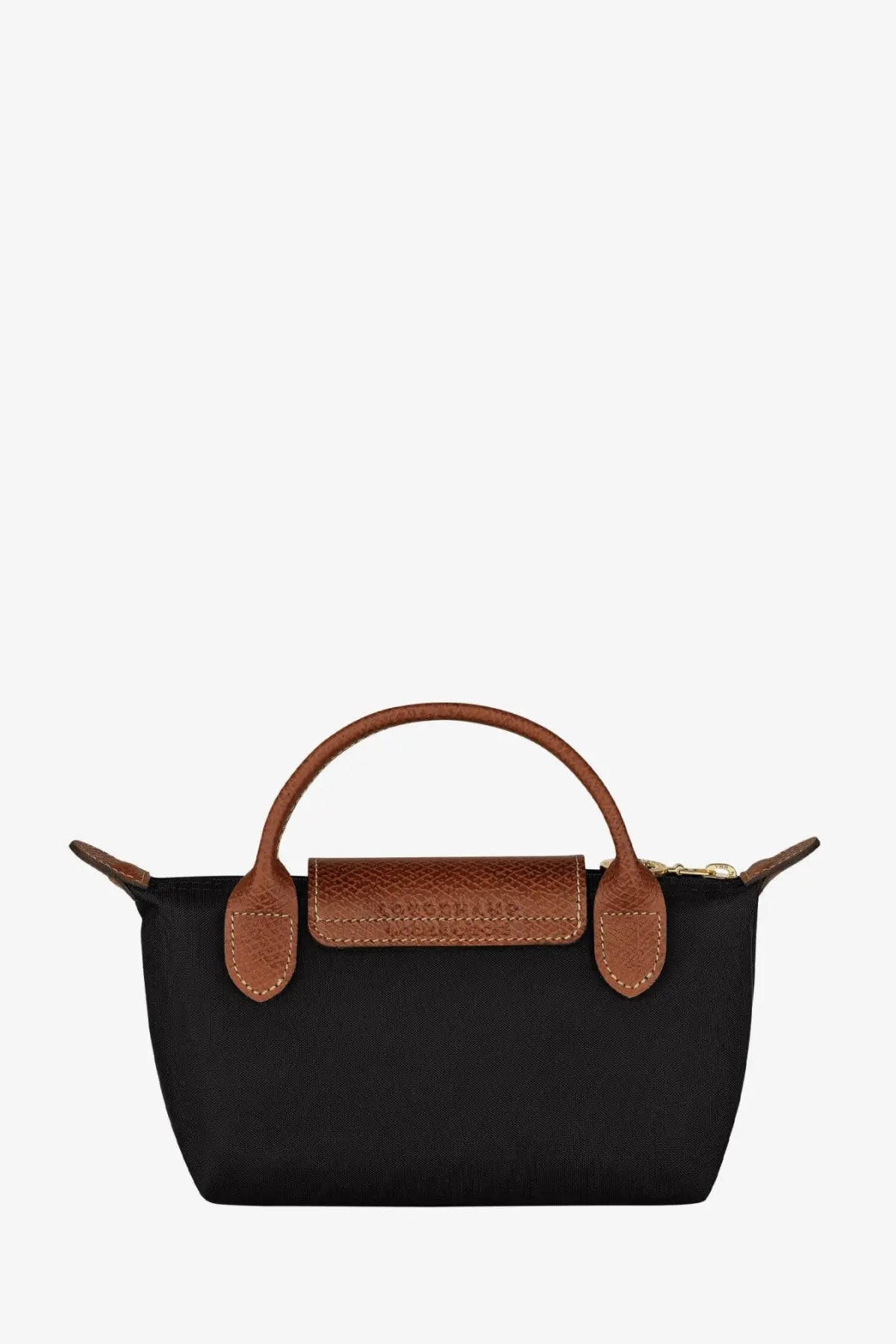 Black Longchamp women’s Le Pliage original nylon handbag with brown leather handles and matching flap in mini size