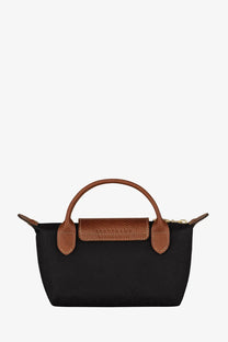 Black Longchamp women’s Le Pliage original nylon handbag with brown leather handles and matching flap in mini size