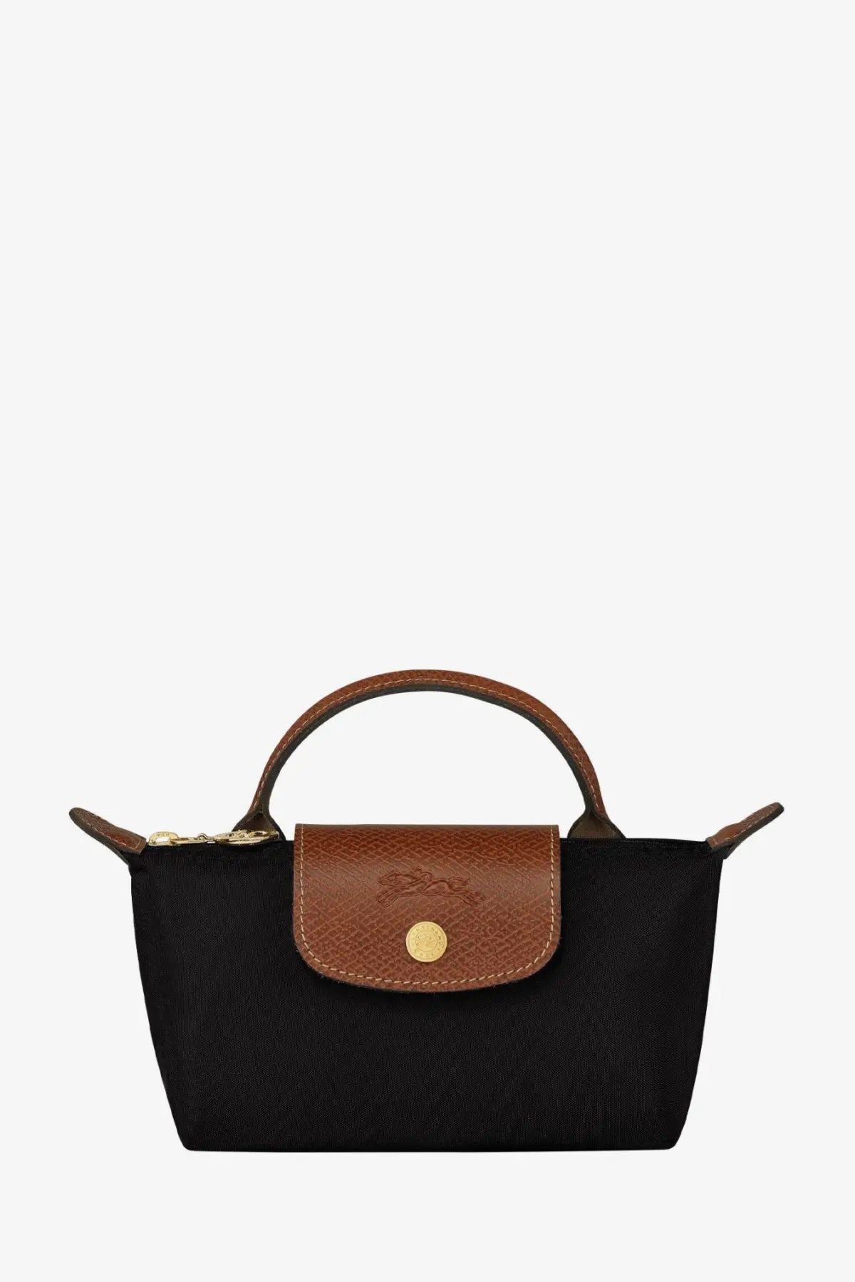 Black longchamp le pliage original mini nylon handbag with brown leather top flap and handle for women