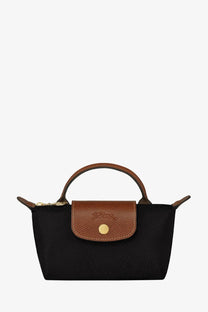 Black longchamp le pliage original mini nylon handbag with brown leather top flap and handle for women