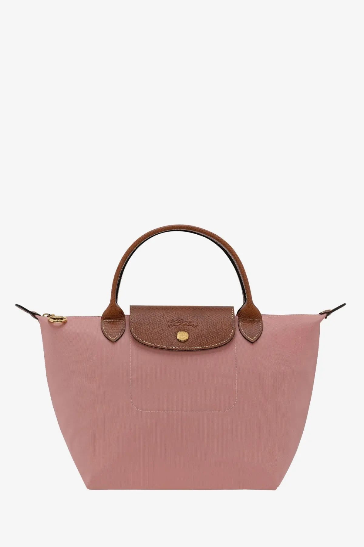 Pink longchamp le pliage original nylon handbag with brown leather handles and gold tone logo plaque